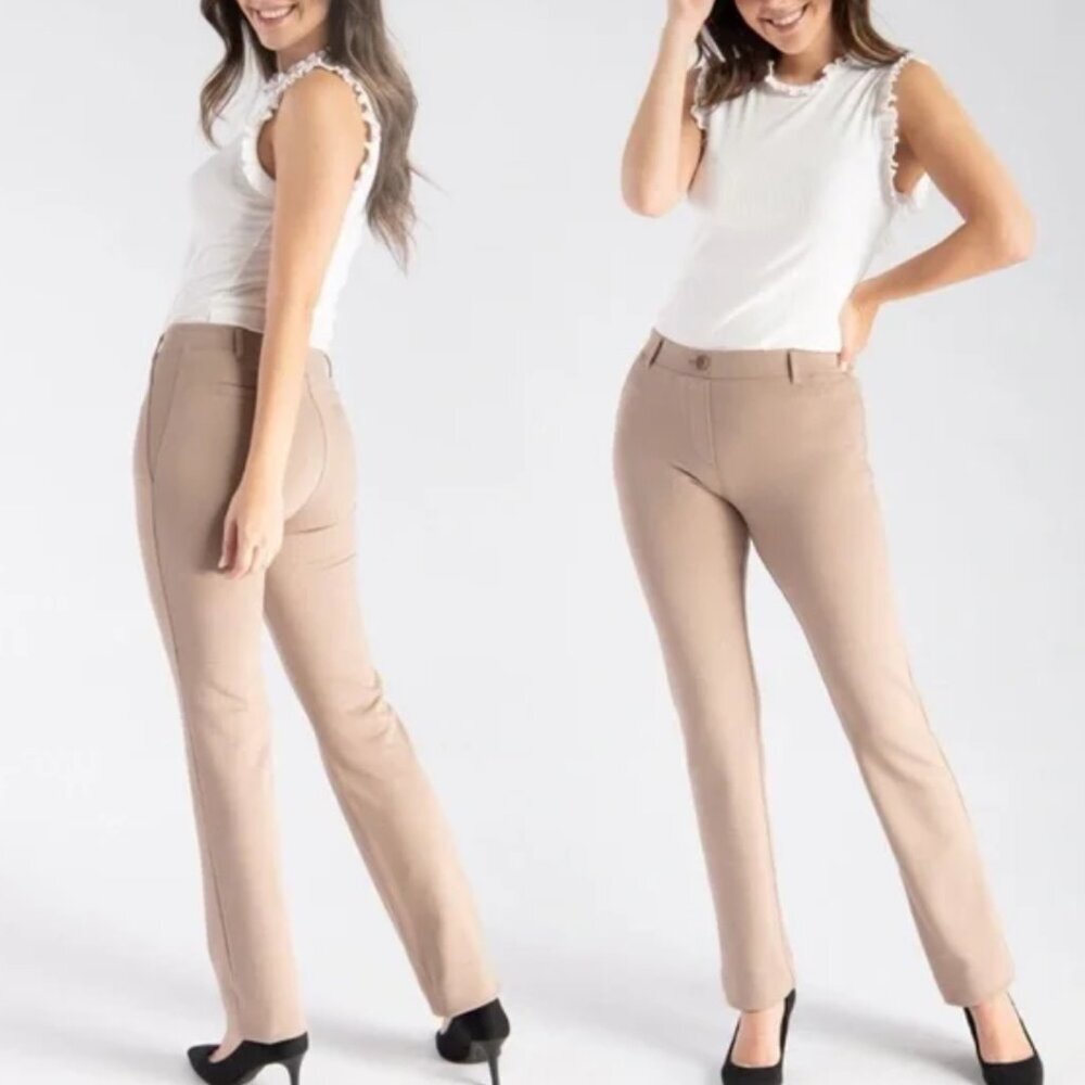 Betabrand Dress Yoga Pants in Tan Classic Khaki Straight Leg Size Large